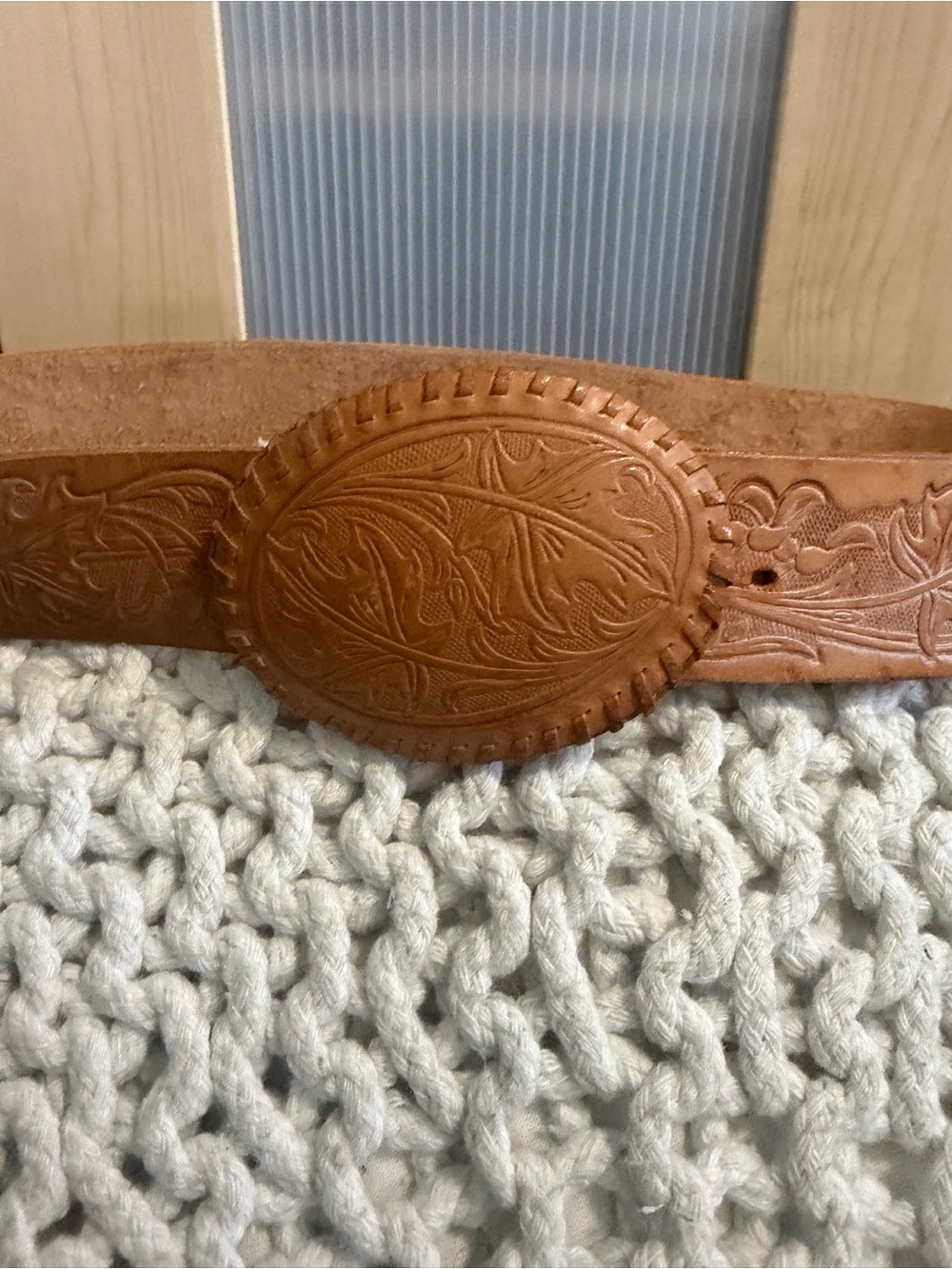 Vintage Floral Embossed Leather Western Belt Natural Tan Size 36